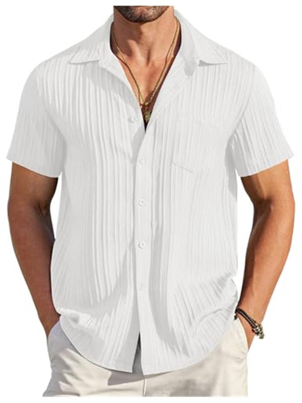 Mens Short Sleeve Button Down Shirt Textured Casual Beach Summer Collared Shirt